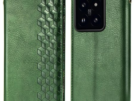 Xiaomi 14 leather case with a stylish rhombus imprint - Green Online Hot Sale