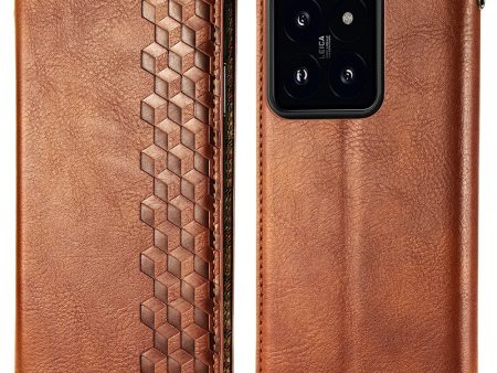 Xiaomi 14 leather case with a stylish rhombus imprint - Brown For Cheap