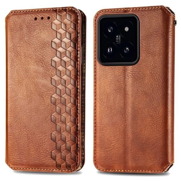 Xiaomi 14 leather case with a stylish rhombus imprint - Brown For Cheap