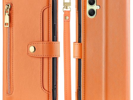 Samsung Galaxy A05 vegan leather wallet zipper case - Orange Cheap