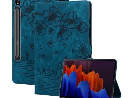 Sapphire leather card holder cover with flower cat imprint for Samsung Galaxy Tab S9 Plus tablet Online now