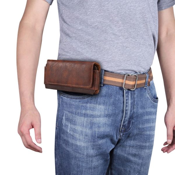 Universal cowhide leather and nylon phone belt bag for 6.2-6.5 inch phones - Brown For Sale