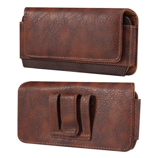 Universal cowhide leather and nylon phone belt bag for 6.2-6.5 inch phones - Brown For Sale