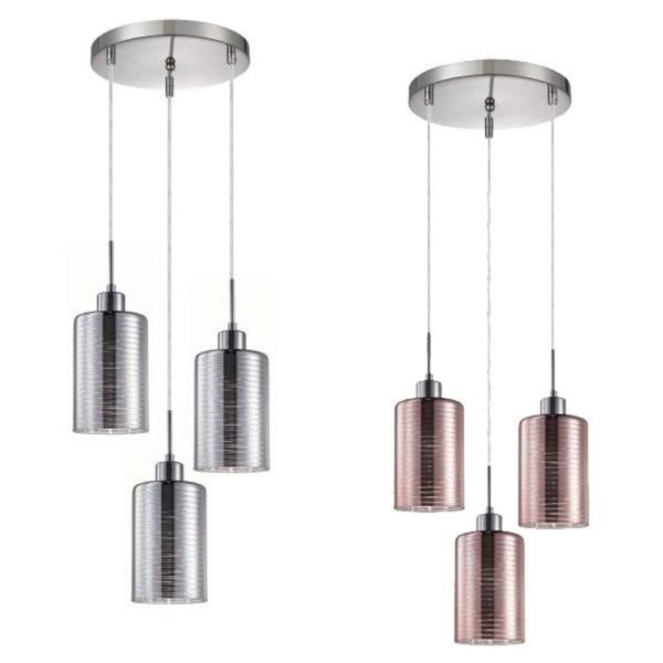 Espejo interior Pendant Light 3Lt in Chrome or Rose Gold Glass with Line Effect Fashion