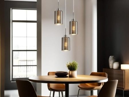 Espejo interior Pendant Light 3Lt in Chrome or Rose Gold Glass with Line Effect Fashion