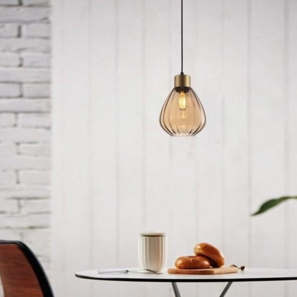 Tulip interior Glass Ribbed Pendant Light in Bronze Amber or Smoke Wine For Cheap